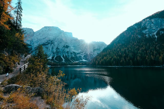 a body of water with mountains and trees