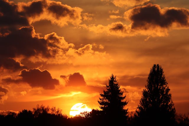 a sunset with clouds and trees