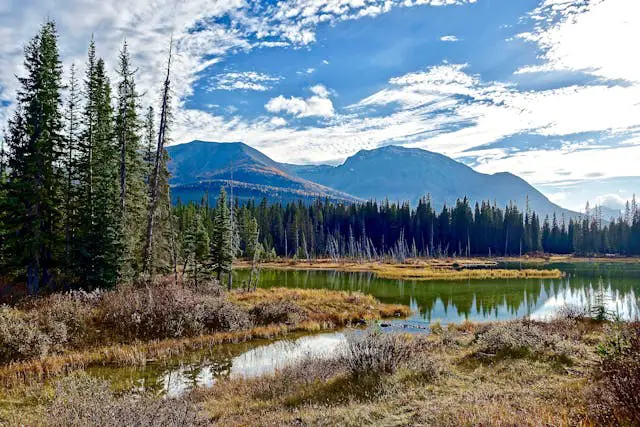 a lake surrounded by trees and mountains