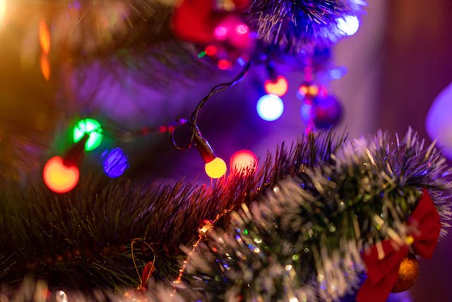 Colorful Christmas tree lights and decorations