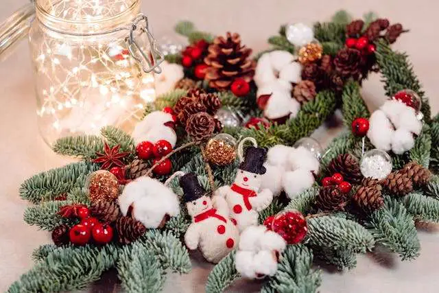 Festive wreath with snowman decorations.