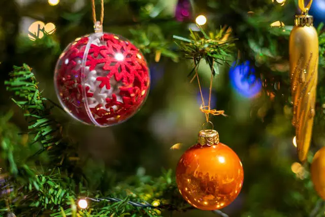 Colorful Christmas ornaments on tree