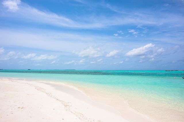 Turquoise water meets sandy beach.