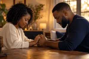 A married couple praying together