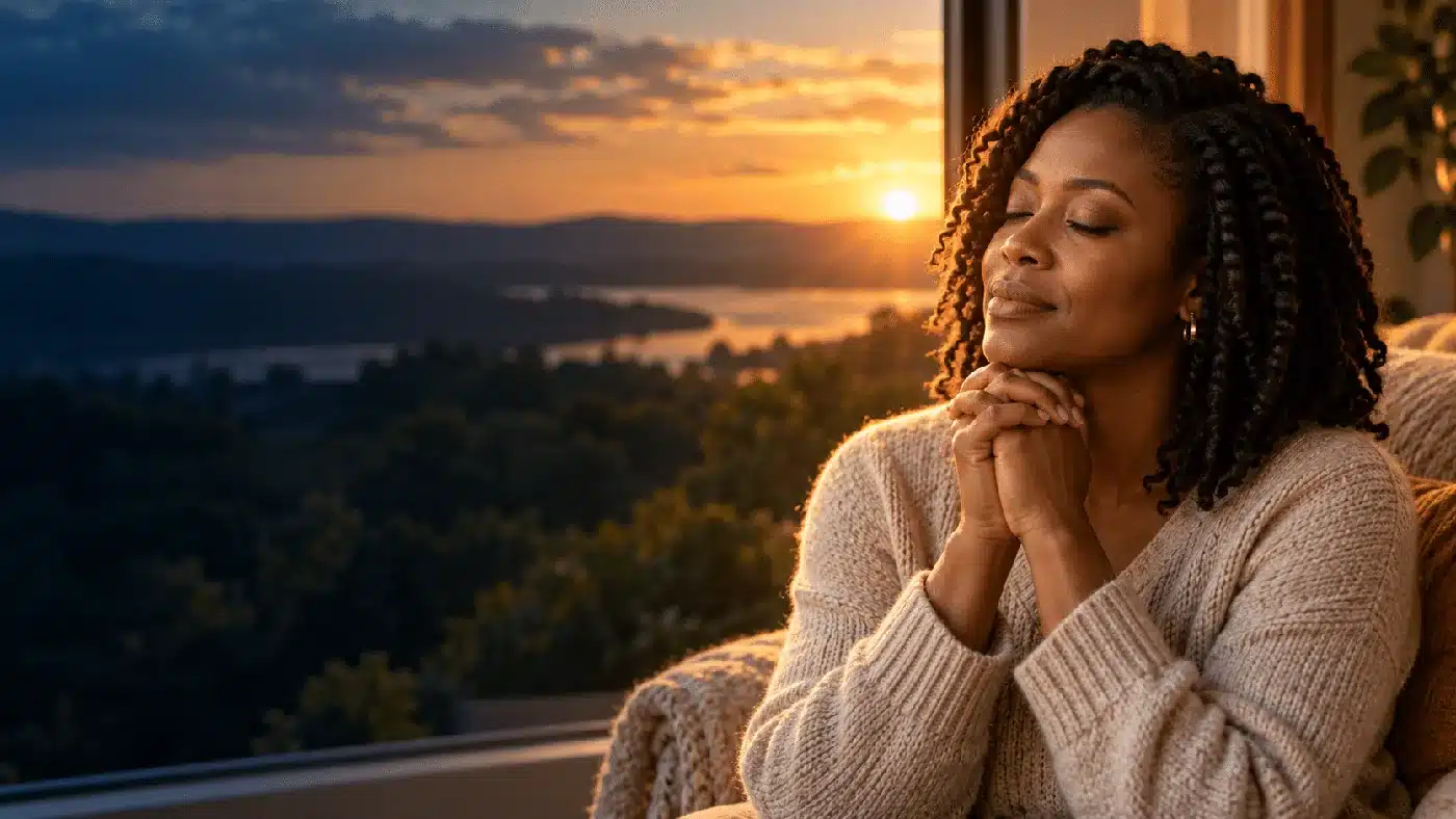 Woman praying beside a sunlit window
