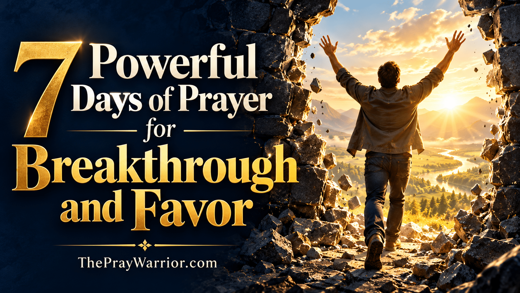 Prayer for breakthrough and favor — a person with both hands raised stepping through a broken stone wall into golden light