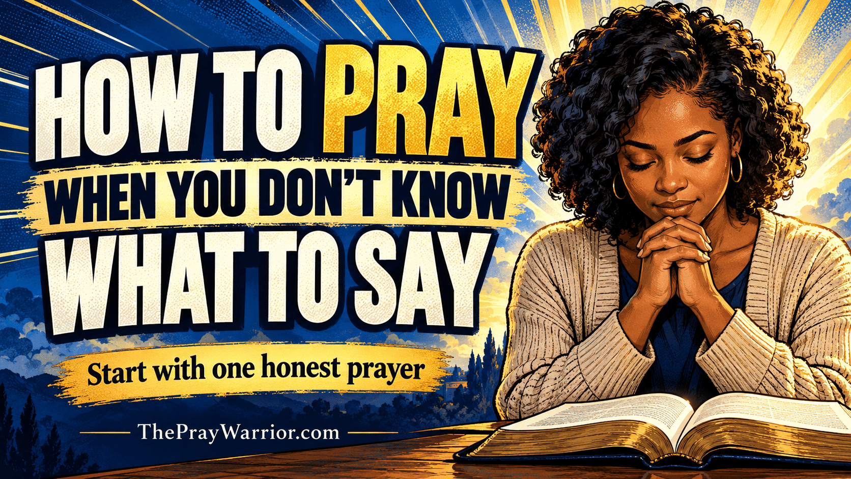 How to pray when you don't know what to say — illustration of a woman praying beside an open Bible